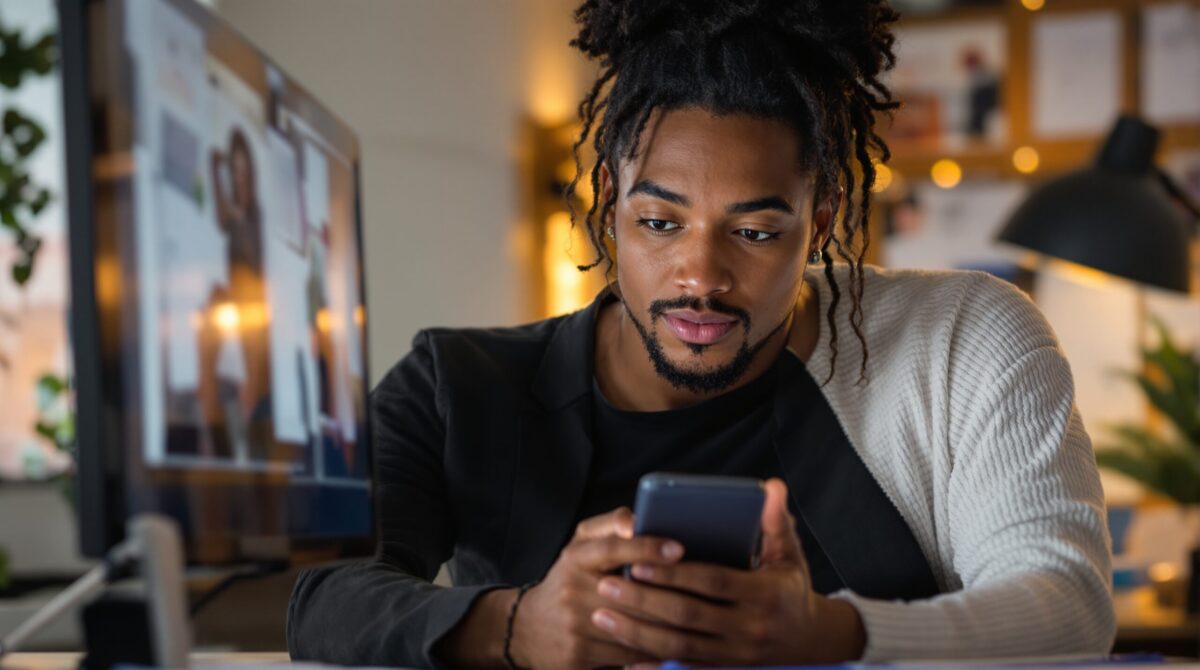 Creator reviewing story content on a mobile device, illustrating faster publishing with AI storytelling support