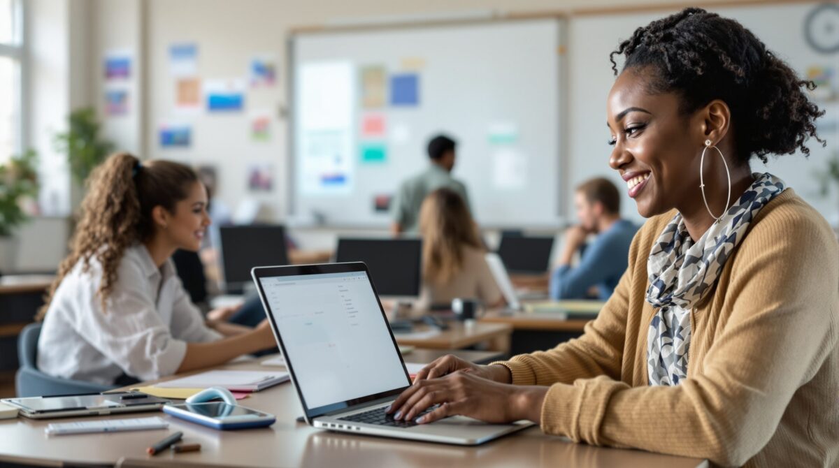 Teacher reviewing digital assignments on a laptop for automated grading and feedback